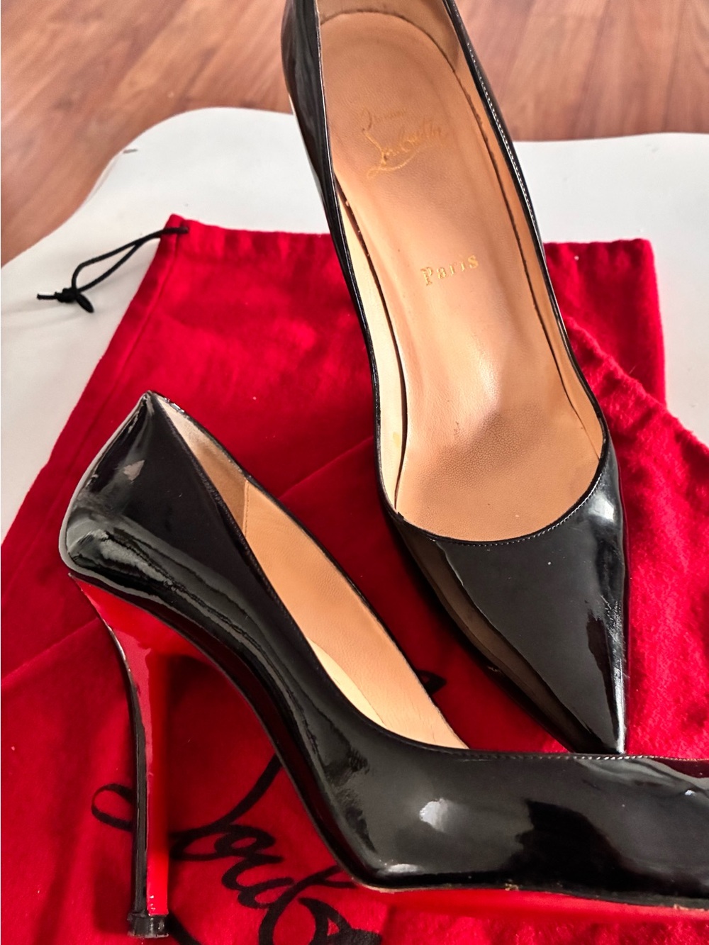 Christian Louboutin Black Patent Pointed-Toe Stiletto Pumps with Red Sole